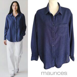 Maurices Linen & Rayon Button Down Relaxed Long Sleeve Shirt Navy Blue Size M